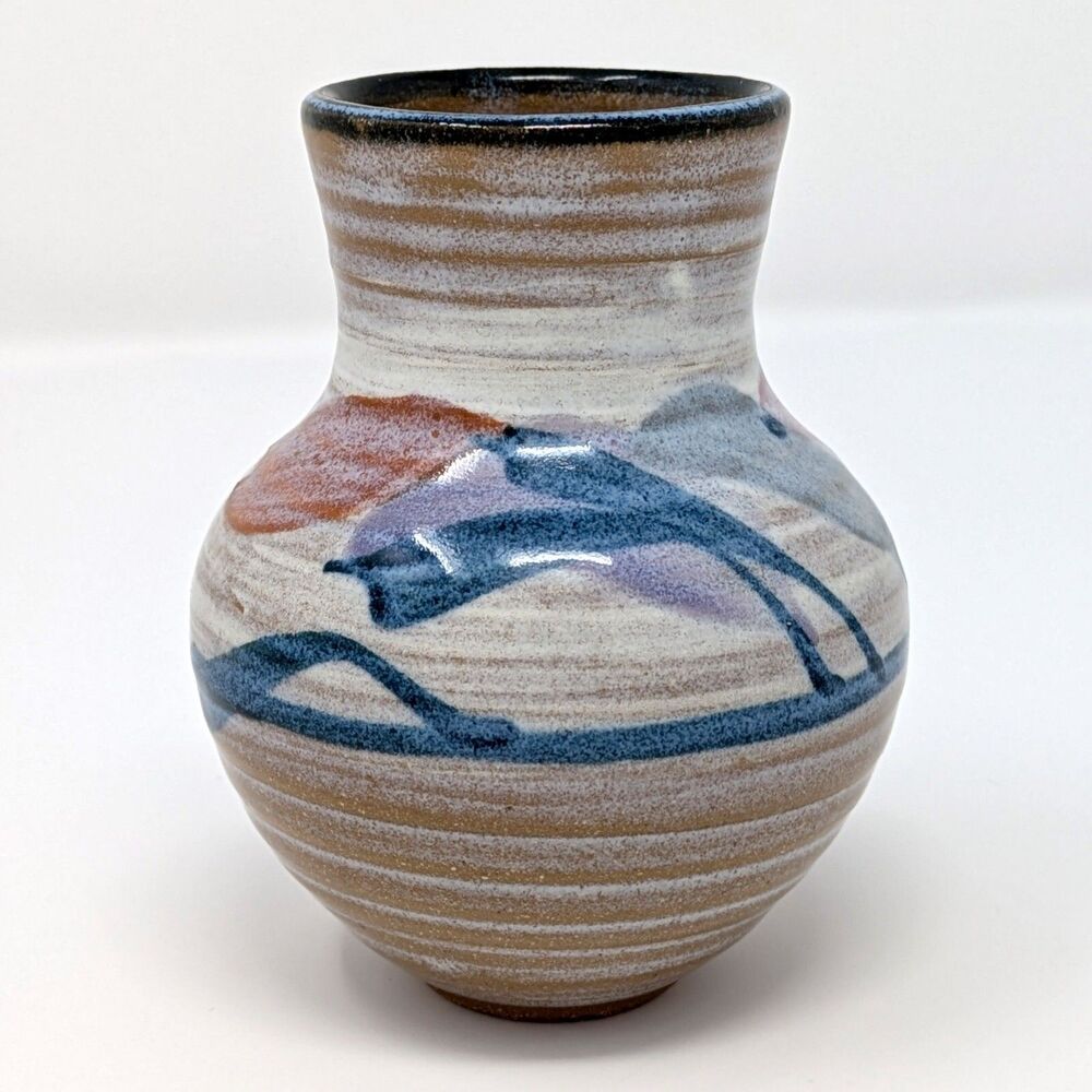Handmade Studio Art Pottery Small 4" Vase Blue Pink Flowers Leaves Marked w/ "G"